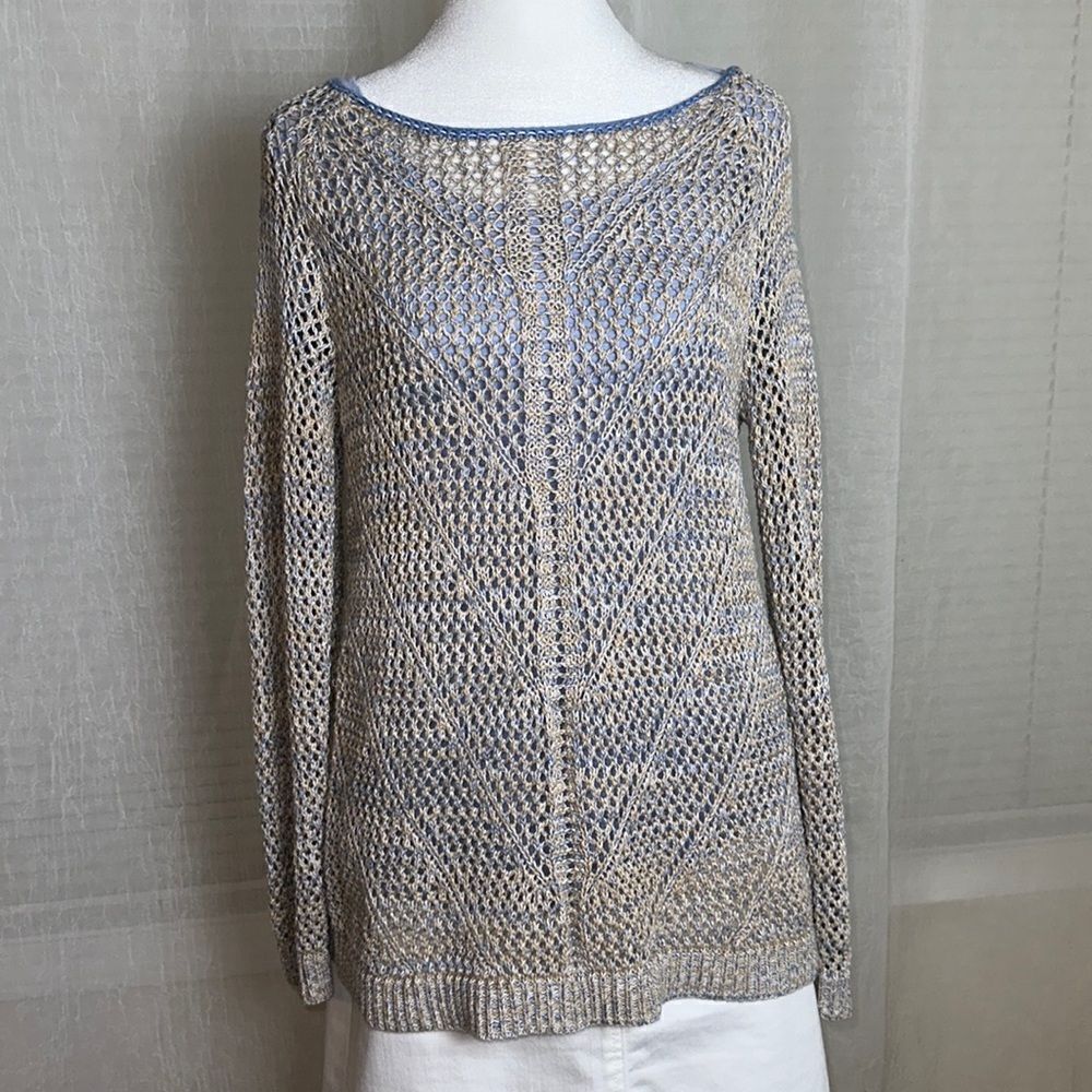 JPR M Cream Light Blue Heathered Scoop Neck Eyelet Knit Sweater